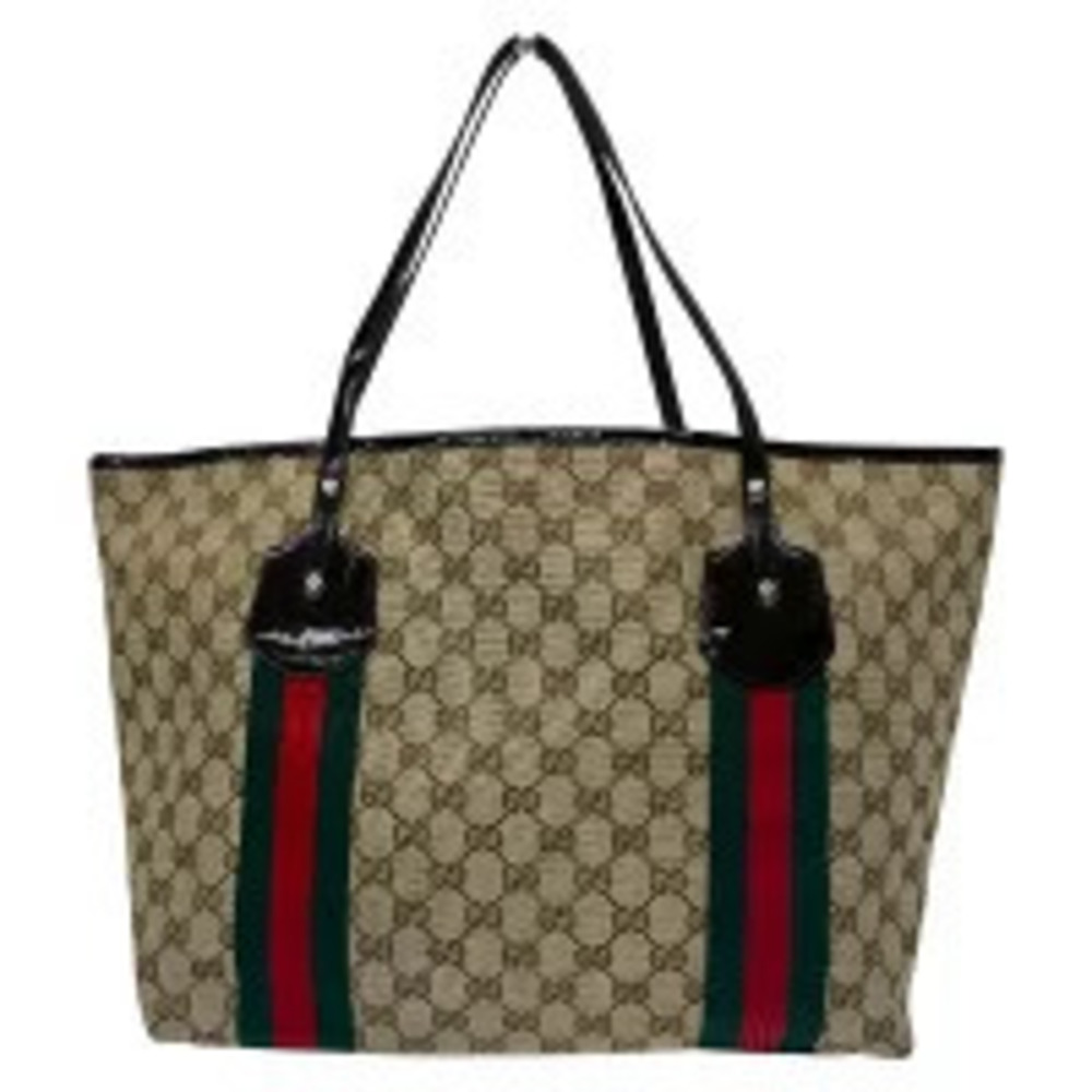 Gucci GG Beige Hand Shoulder Charm Sherry Bag Canvas Tote Tan